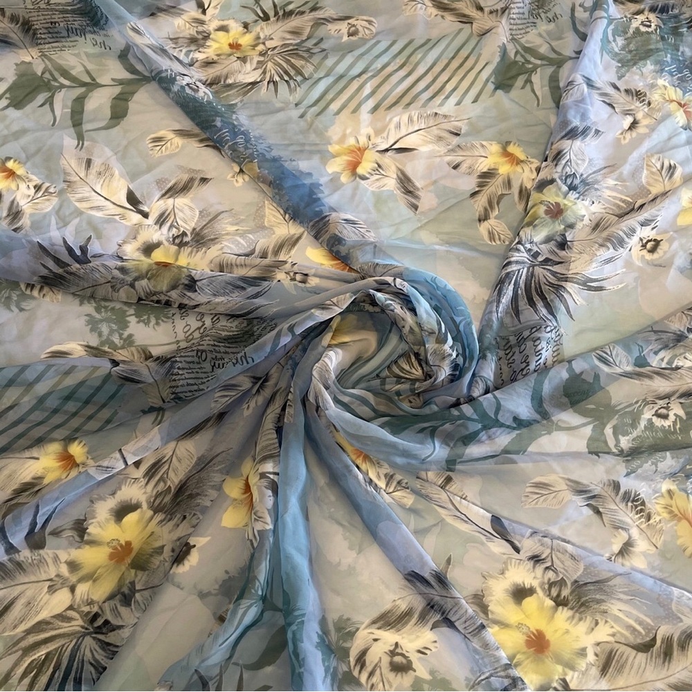 Floral Patterned in Blue and Yellow Chiffon Sheer Fabric